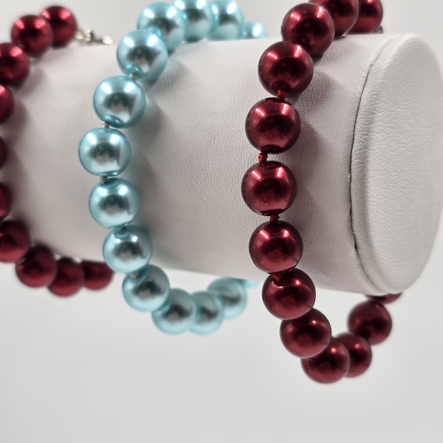 Set of 3 Shiny Red & Blue Faux Pearl Beads Bracelets Spring Ring Clasp
