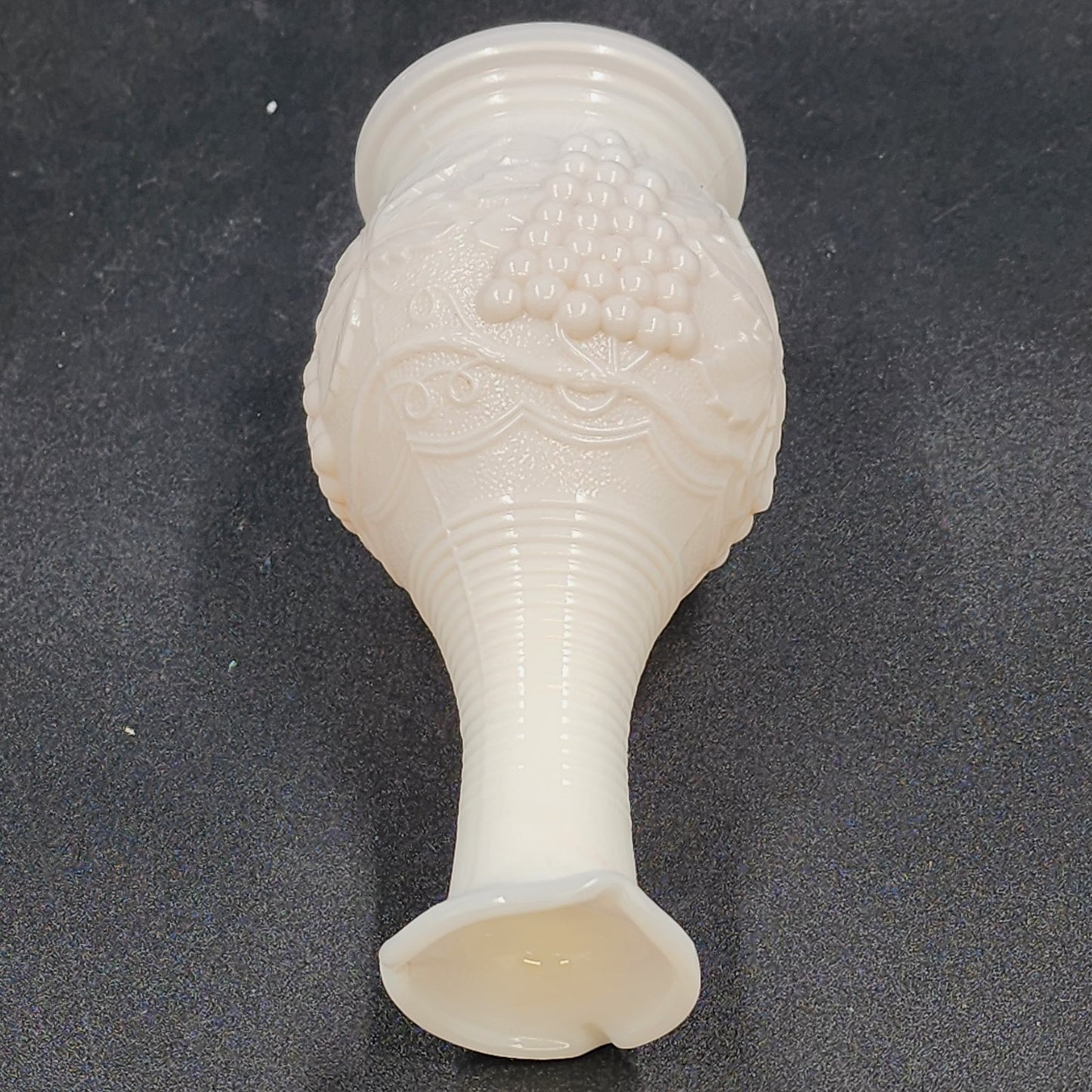 Imperial White Milk Glass Bud Vase Grape Pattern 6" Tall Rings Neck Vintage USA