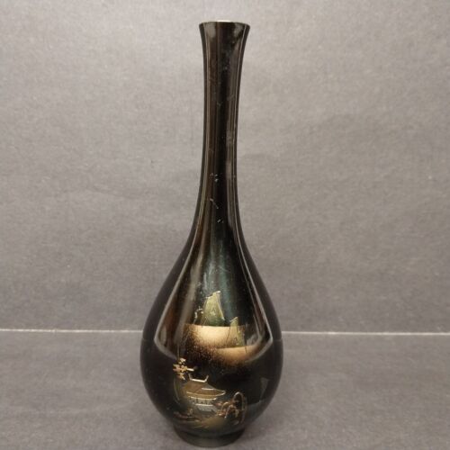 Japanese Chokin Bud Vase Black Enamel Brass 6.5" Vintage Marked Japan