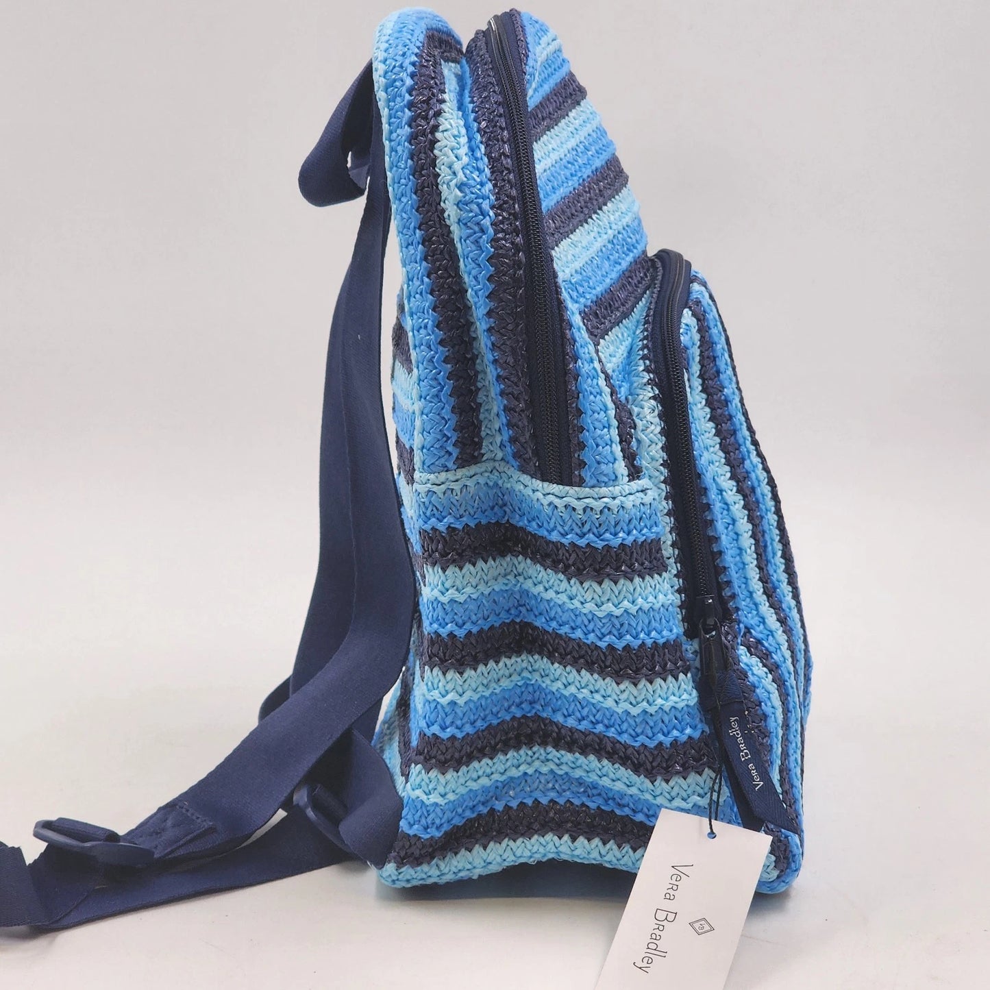 Vera Bradley Crochet Backpack Woven NWT Light Blue Navy Straps 12.75” x 10.5