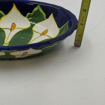 Talavera Calla Lilies Mexico Hand Painted Oval Bowl Art Pottery Signed Mexico Q