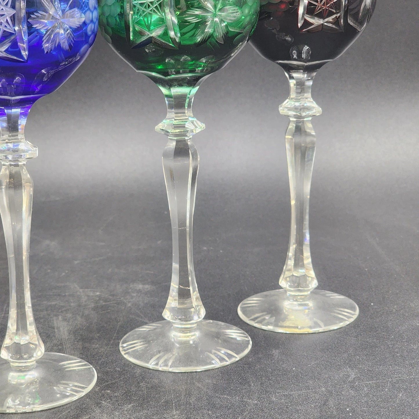 4 Bohemian Cordial Glasses Crystal Cut-to-Clear Wine Hocks 8.75" Multi-Color