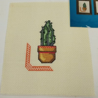 Set of 4 Completed Cross Stitch Desert Mini Vase Plants 6x7" Aida Cloth Unframed
