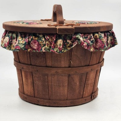 Half Bushel Wooden Sewing Basket Split Lid Heart Handle 15"x13" Floral Lined