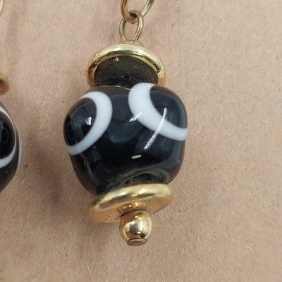 Gold Tone Black & White Drop Dangle Pierced Earrings Retro Jewelry