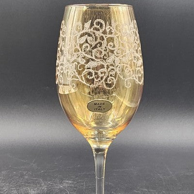 4 Etched 16oz Goblet Wine Glass 10" Cristelleria Fratelli Fumo Iridescent Amber