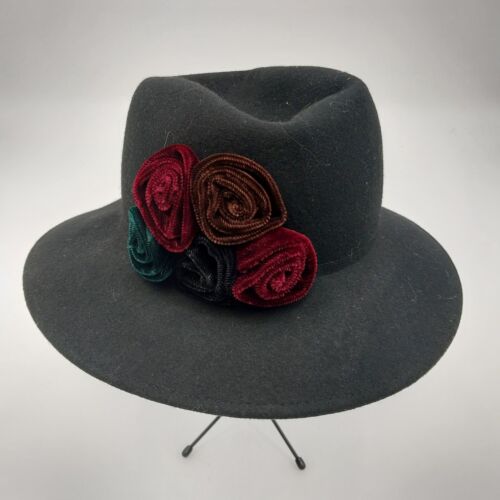 Henri Bendel New York Italy Hat Flowers Black Gray Wool 12" Bowler Rim Vintage