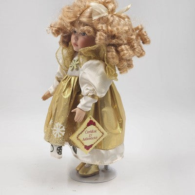 Collector Choice Genuine Fine Bisque Porcelain Doll Blonde Curly Hair Stand 13"