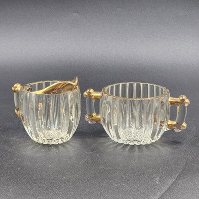 Jeannette Clear Glass Sugar Bowl & Creamer Set Gold Trim Hobnail Bottom