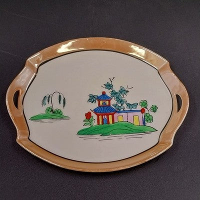 Japanese Lusterware Mini Platter Tray 6.5" Hand Painted Countryside Vintage 1960