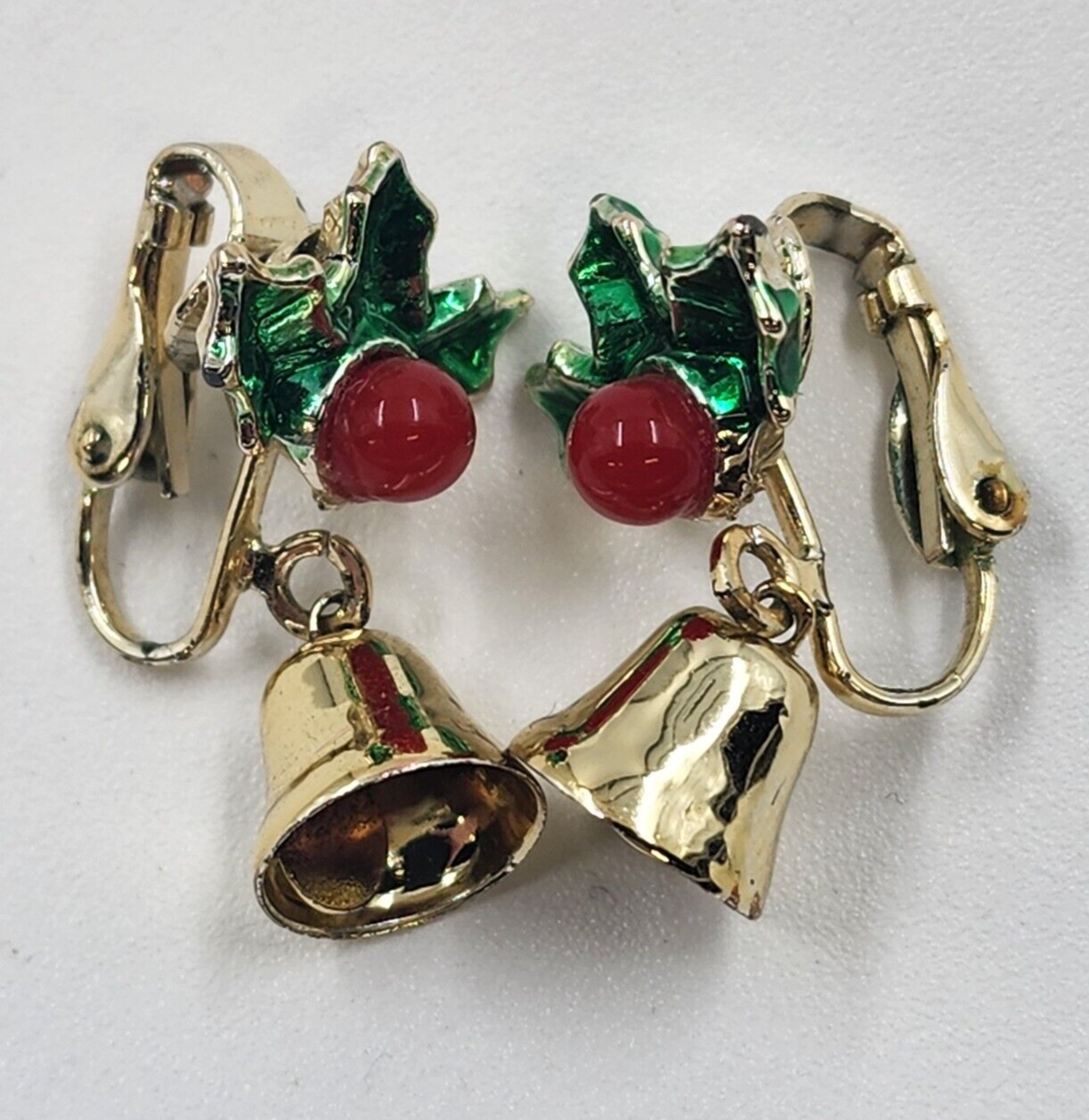 Gold Tone Holly & Bell Clip Earrings Vintage Christmas Fashion Jewelry 0.75"