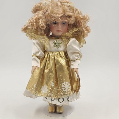 Collector Choice Genuine Fine Bisque Porcelain Doll Blonde Curly Hair Stand 13"
