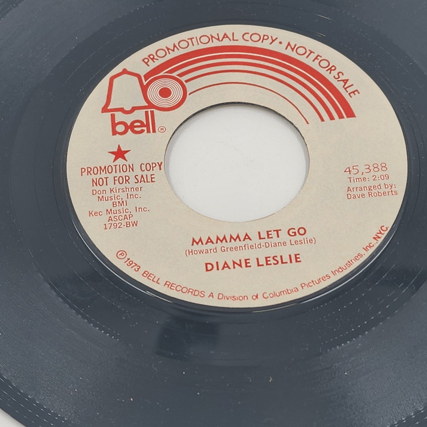 Diane Leslie Bell Records Promotion Copy of Mamma Let Go Vinyl 7" 45 RPM 1973