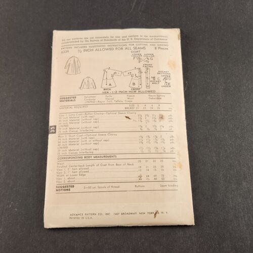 Advance 6339 Sew Easy Vintage Sewing Pattern Childs Coat or Jacket Size 6