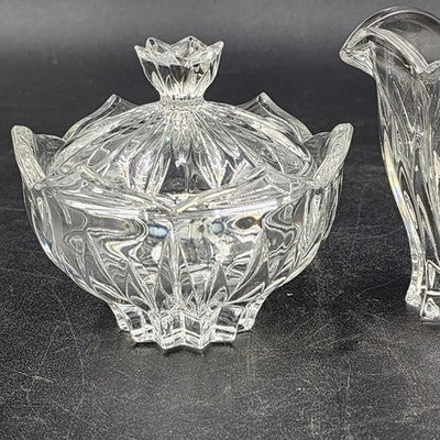 Gorham Crystal Lotus Pattern Creamer & Sugar Bowl with Lid Vtg Glass Set Germany