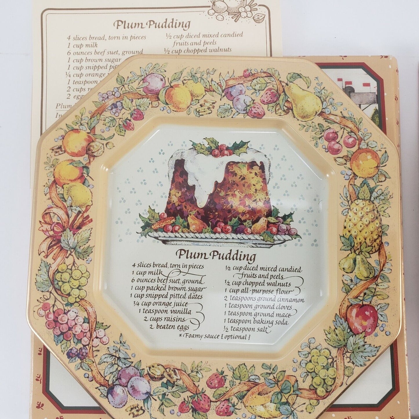 3 Avon Tin Plates Recipes 1982 Blueberry-Orange Bread Plum Pudding Buche de Noel