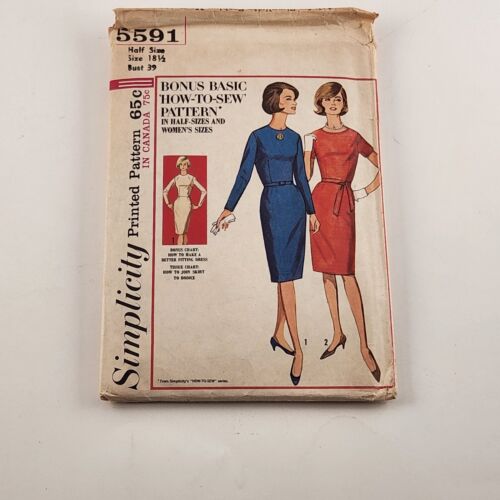 Simplicity 5591 Vintage Sewing Pattern 1964 Basic Misses Women's Dress Size 18½