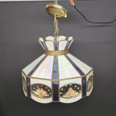 Blue and White Slag Stain Glass Hanging Tiffany Chandelier Single Socket Wired