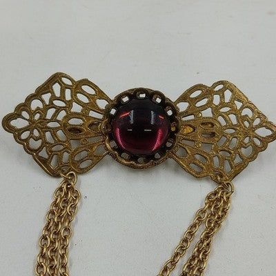 Gold Tone Filagree Metal Work & Cabochon Stone with Dangling Multi Chains Brooch