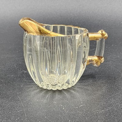 Jeannette Clear Glass Sugar Bowl & Creamer Set Gold Trim Hobnail Bottom