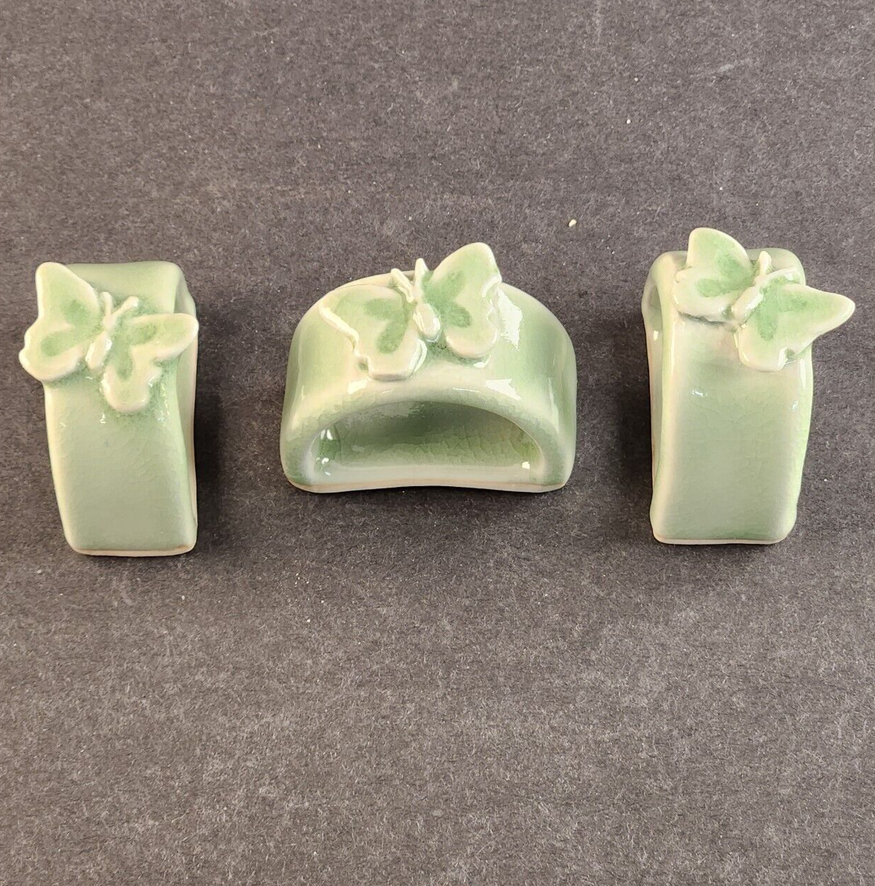 3 Thai Celadon Ceramic Green Butterfly Pattern Vintage Oval Napkin Rings