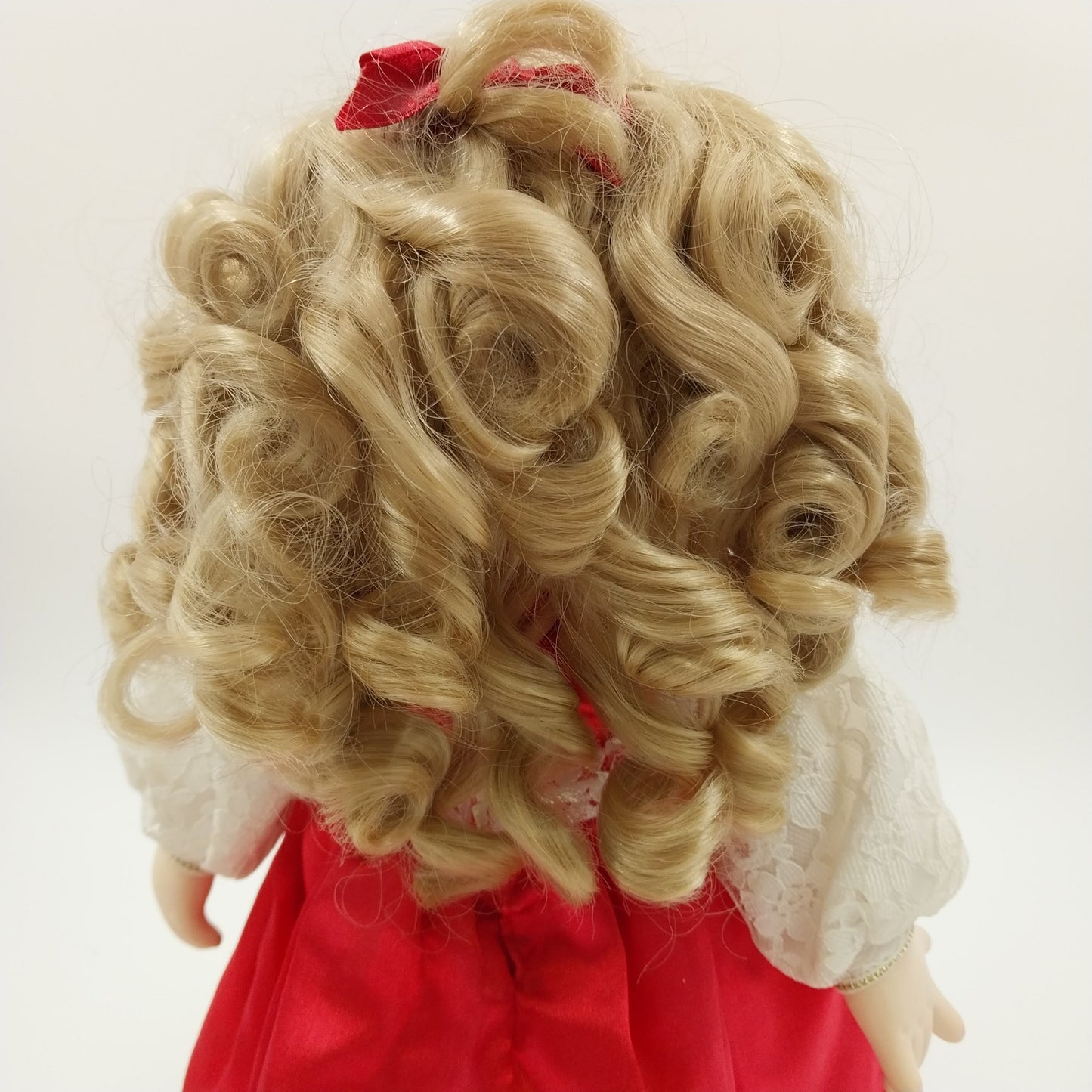 Precious Moments Doll in Red Dress White Ribbon with Stand 16"