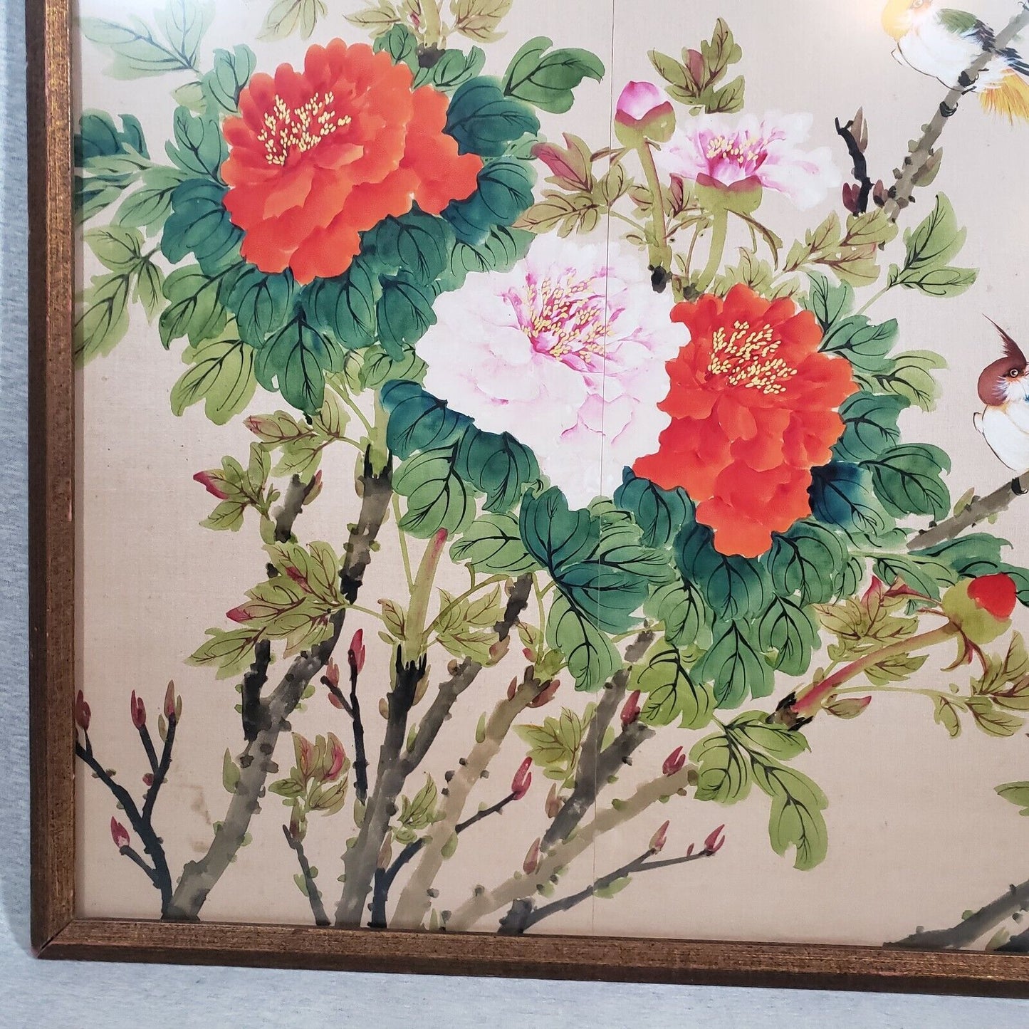 Chinese Wall Art Colorful Birds on Peony Bush with Chinese Prayer 31"x25"