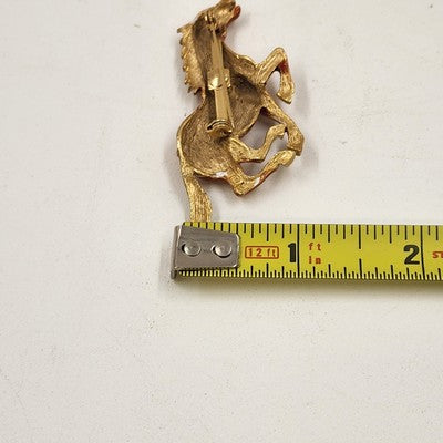 Galloping Brown Horse Mustang Brooch Pin Gold Tone Decorative 2.5"
