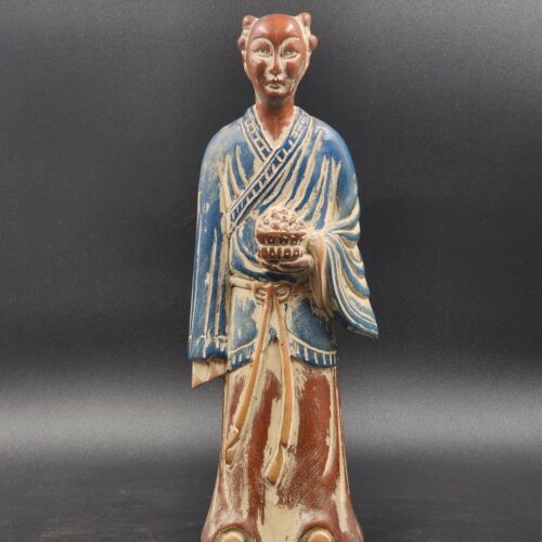 Pair of Asian Chinese Hand Carved Painted Wood Figurine Statues Vintage 14"