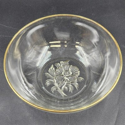 Glass Serving Bowl Floral Flower Etched Bottom Gold Tone Rim 10.5”x3.5”
