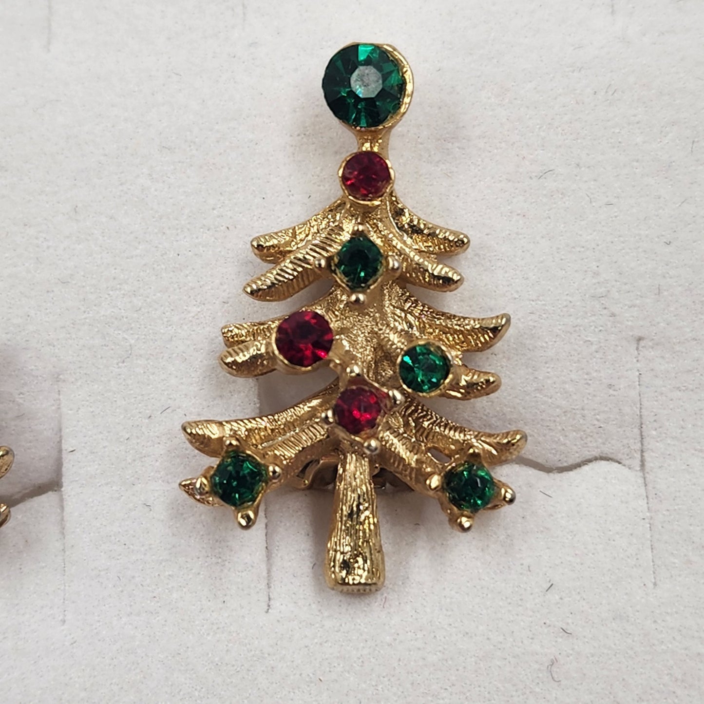 Christmas Tree Gold Tone Clip On Earrings Set w Red Green Rhinestones