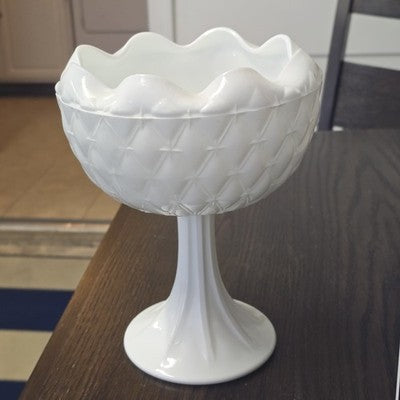 Indiana Milk Glass Pedestal Bowl 7"d x 9" Duette Pattern Quilted Ruffled