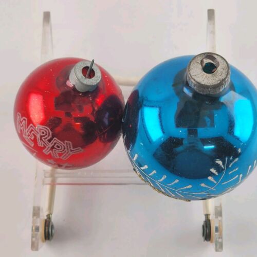 2 Vintage Glass Christmas Tree Ornaments Red Blue Bals White Printing