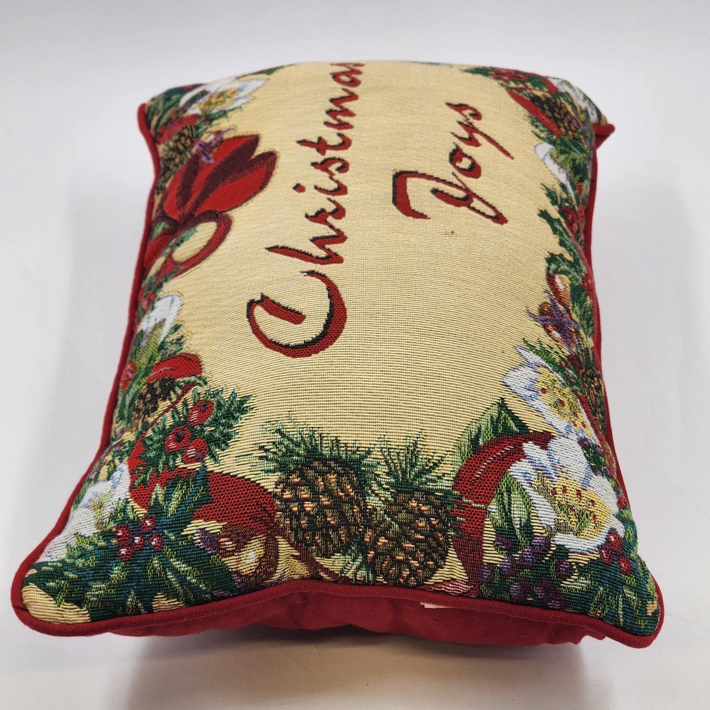 Christmas Joys Throw Pillow Red Back Holly Berries Holiday Decor 18" x 11"