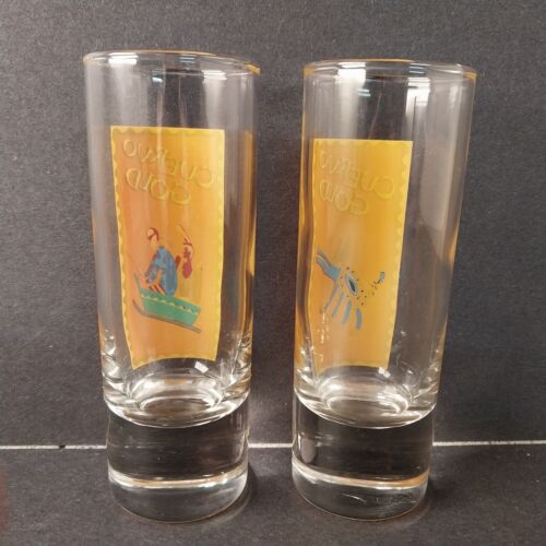 2 Collectible Tall Shot Glasses Cuervo Gold Mexican Art Red And Yellow
