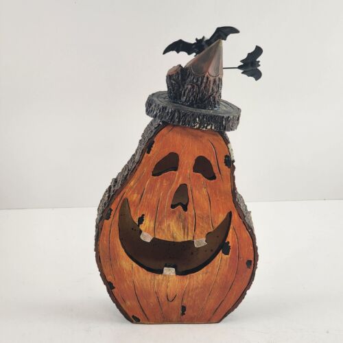 8" Resin Carved Jack-O-Lantern Mock Wood Bats Multi-Color Lighted New Batteries