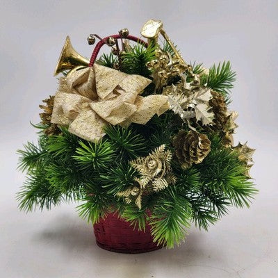 Floral Arrangement Christmas Basket Greenery Holly Red Basket 10" Gold Bow