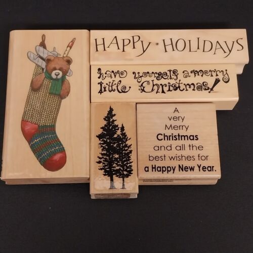 Lot of 5 Christmas Holiday Rubber Stamps Trees, Stocking, Merry Christmas