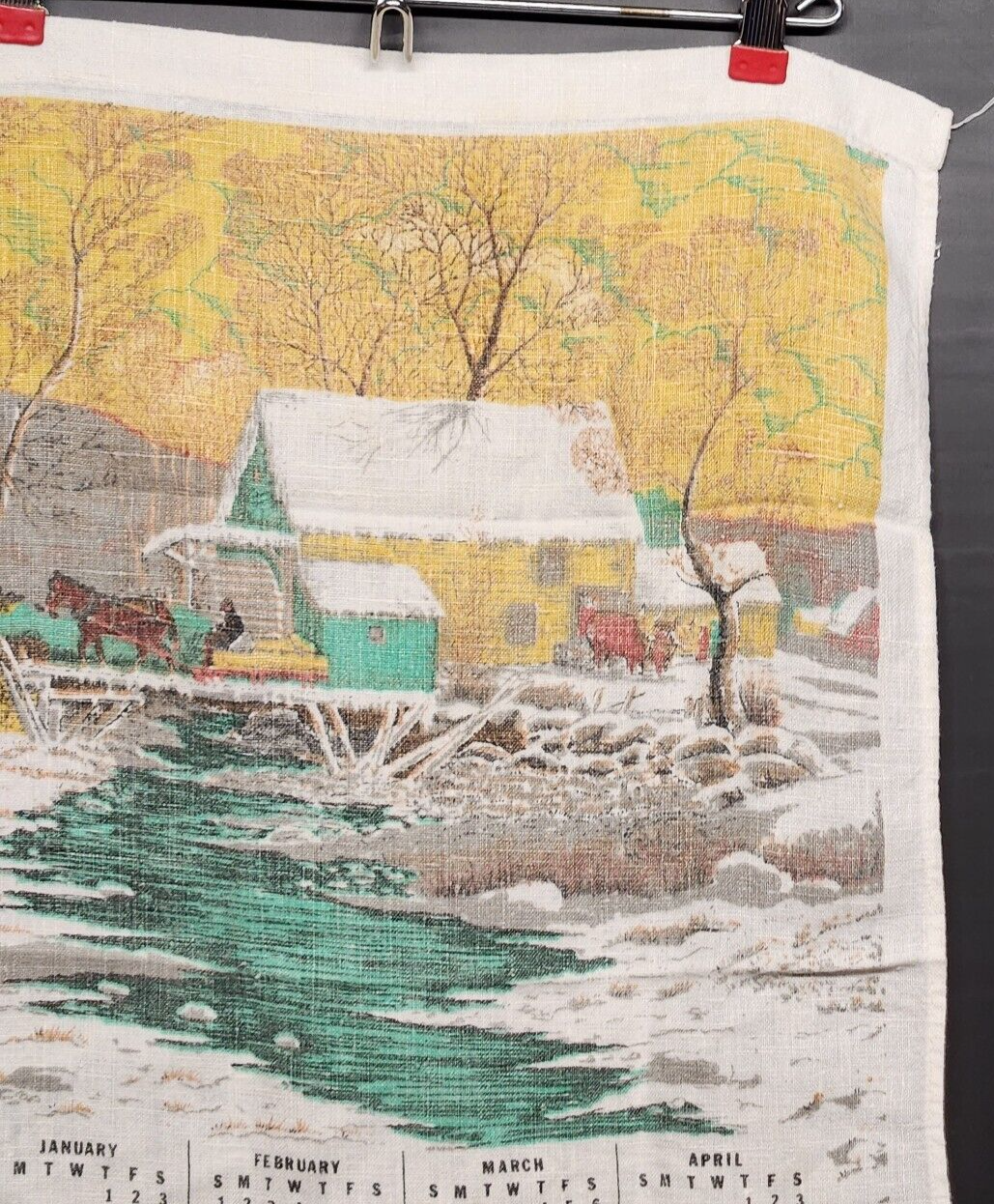 1976 Calendar Linen Kitchen Tea Towel with Creek in The Woods and Forrest