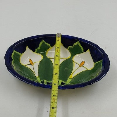 Talavera Calla Lilies Mexico Hand Painted Oval Bowl Art Pottery Signed Mexico Q