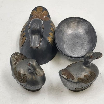 3 pcs Pewter & Brass Duck Family Large & Small Trinket Box Dish 1990s China