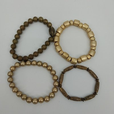 Set of 4 Bracelets in Faux Pearl Faceted Beads Brown & Gold Tone Stretchable 7"