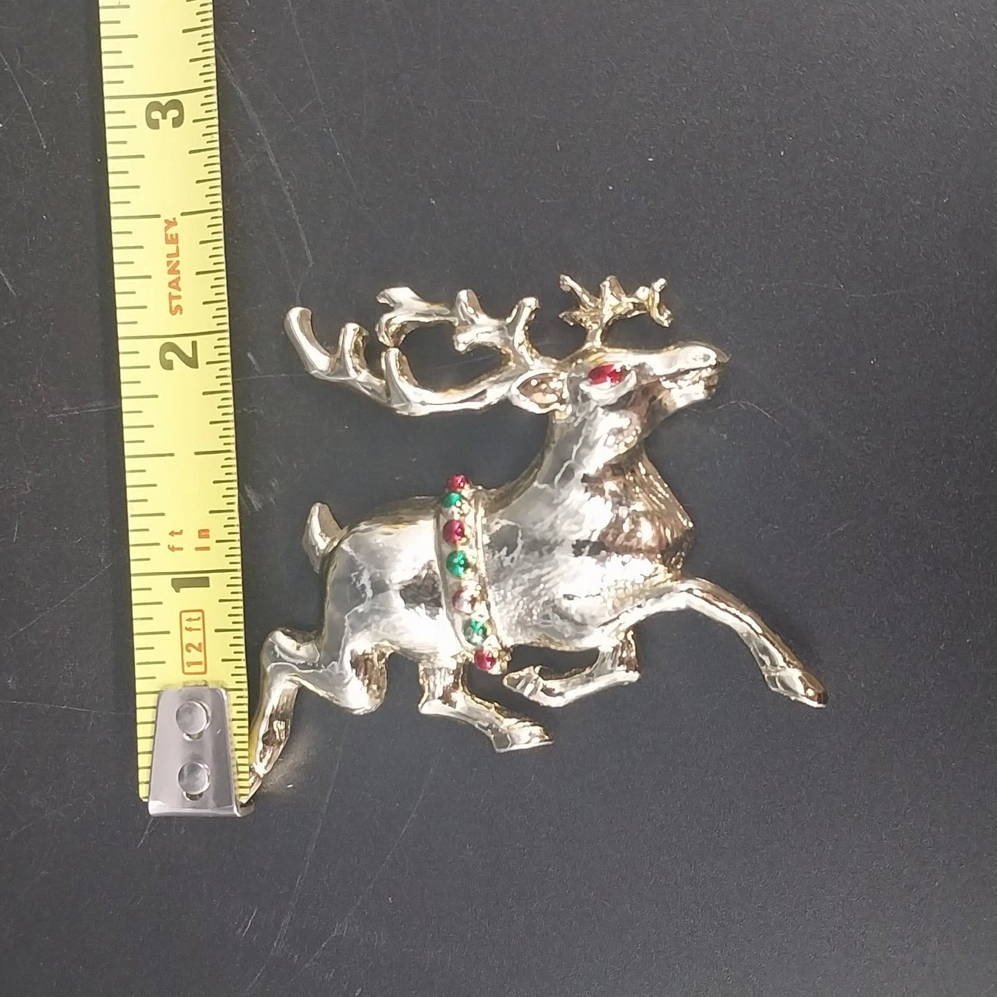 Reindeer Brooch Gold Tone Red Green Rhinestone Christmas Pin 2.5"x2" Vtg Holiday