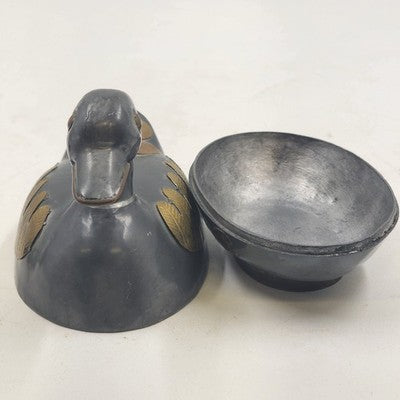 3 pcs Pewter & Brass Duck Family Large & Small Trinket Box Dish 1990s China