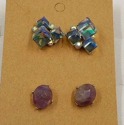 2 Pair Earrings Silver Cube Iridescent & Gold Gray Violet Acrylic