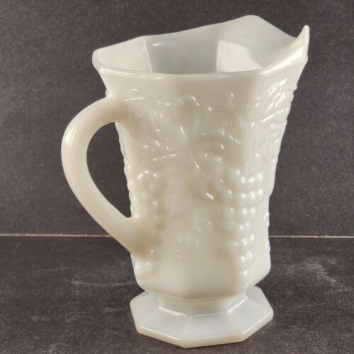 Anchor Hocking Milk Glass White Pitcher Grape Leaf Pattern Octagon Base 6.5" H