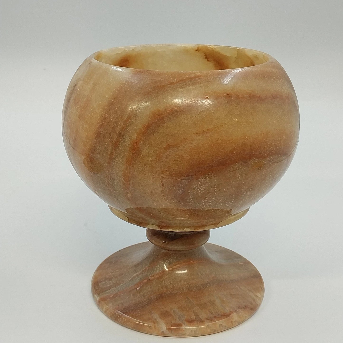 Banded Alabaster Pedestal Candy Dish Lidded Jar Cream Brown Natural Stone 9"