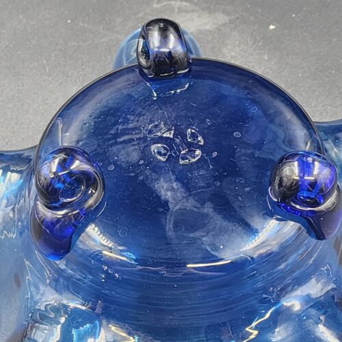 Hand Blown Blue Ruffled Glass Bowl 3 Affixed Feet 11" x 5" OOAK