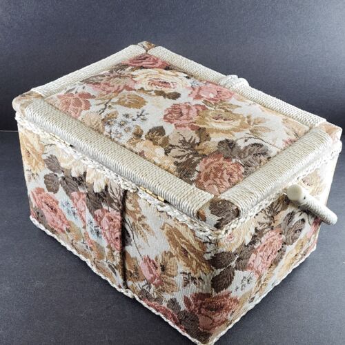 Tapestry Wicker Woven Sewing Box Basket Vintage Clear Tray Pin Cushion 11"x8"x7"