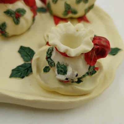 Youngs Inc Mini Tea Set 1995 Christmas Red Ribbons Holly 6" Collectible